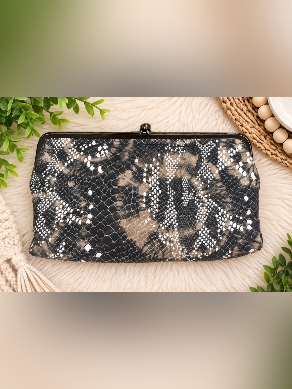 HOBO Lauren Snakeskin Print Leather Double Frame Clutch Wallet